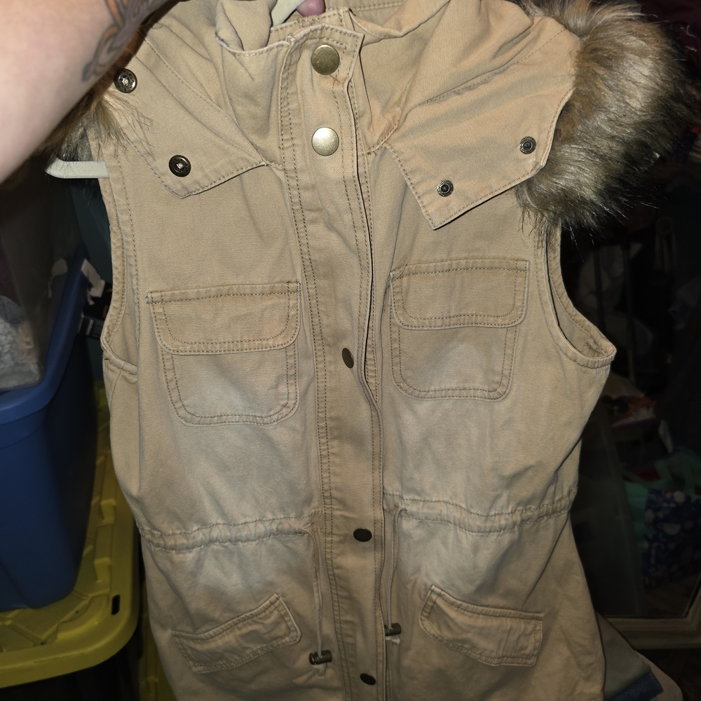 All in Motion Women's Beige Hooded Vest with Faux Fur